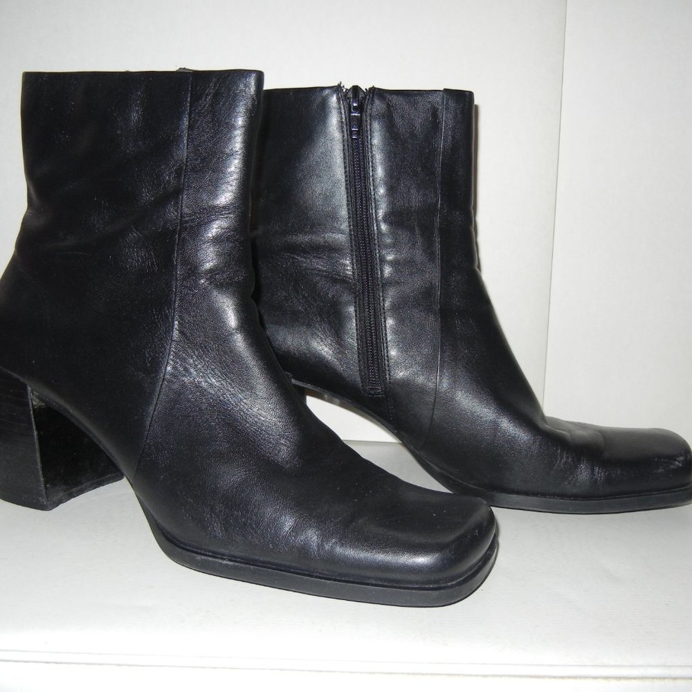 Y2K Chunky Vintage 10M Black Leather Ankle Boot Full Zip Block Heel Square Toe - Picture 10 of 12